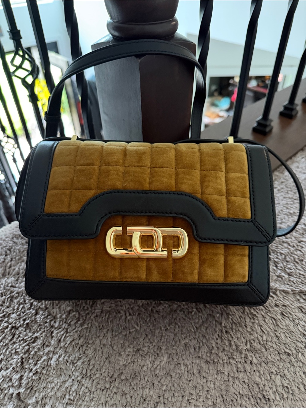 Quilted Tan Suede Crossbody Bag with Black leather Trim